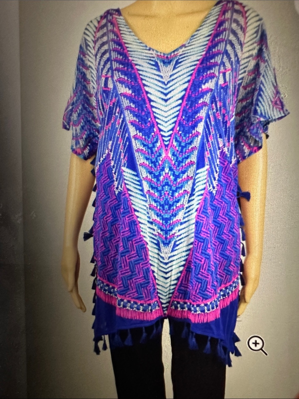 INC Bright Blue & Pink Geometric Sheer Kaftan Tassel Trim Top, size Large